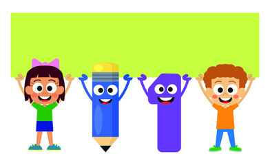 Cute kids holding the empty board, pen, and number