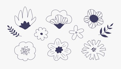Hand drawn line flowers collection. Flat monochrome blooming flowers. Minimalistic decorative floral concept. Botanical doodle vector isolated illustration