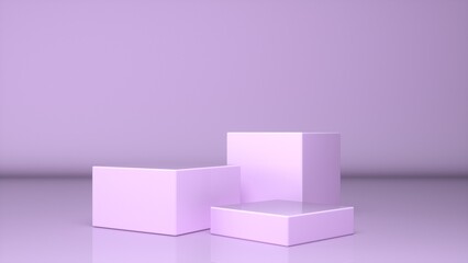 Three empty stands and abstract Purple geometry background. Podium, pedestal, platform for cosmetic product presentation, showcase. Minimalist mock up scene, concept template. 3d render