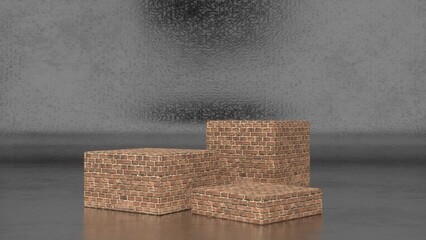 Three empty Brick stands and abstract Rough metal geometry background. Podium, pedestal, platform for cosmetic product presentation, showcase. Minimalist mock up scene, concept template. 3d render