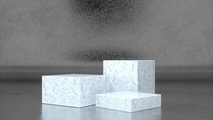 Three empty Marble stands and abstract Rough metal geometry background. Podium, pedestal, platform for cosmetic product presentation, showcase. Minimalist mock up scene, concept template. 3d render