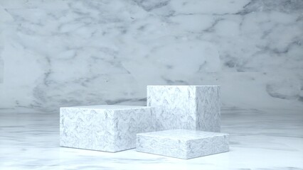 Three empty stands and abstract Marble geometry background. Podium, pedestal, platform for cosmetic product presentation, showcase. Minimalist mock up scene, concept template. 3d render