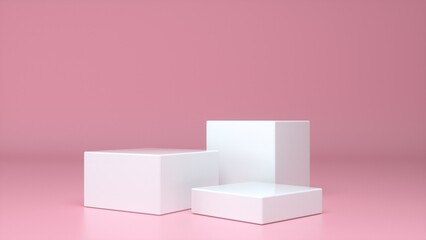 Three empty White stands and abstract Pink geometry background. Podium, pedestal, platform for cosmetic product presentation, showcase. Minimalist mock up scene, concept template. 3d render