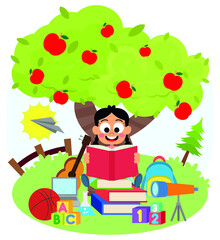 Cute boy reading in nature