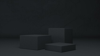 Three empty stands and abstract Rough black geometry background. Podium, pedestal, platform for cosmetic product presentation, showcase. Minimalist mock up scene, concept template. 3d render
