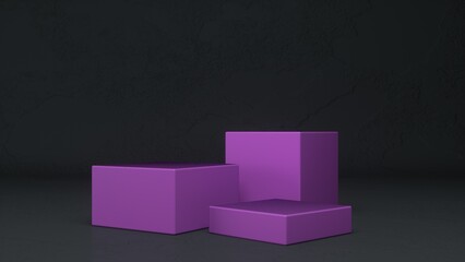 Three empty Purple stands and abstract Rough black geometry background. Podium, pedestal, platform for cosmetic product presentation, showcase. Minimalist mock up scene, concept template. 3d render