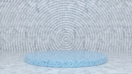 Fototapeta na wymiar Ceramic marble podium and minimal abstract geometry background. Round podium, pedestal, platform for cosmetic product presentation, showcase. Minimalist mock up scene, concept template. 3d render