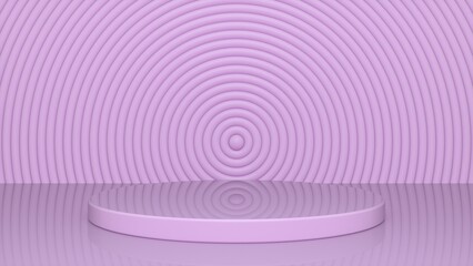 Purple glossy podium and abstract geometry background. Round podium, pedestal, platform for cosmetic product presentation, showcase. Minimalist mock up scene, concept template. 3d render
