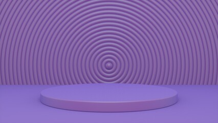 Purple glossy podium and abstract geometry background. Round podium, pedestal, platform for cosmetic product presentation, showcase. Minimalist mock up scene, concept template. 3d render