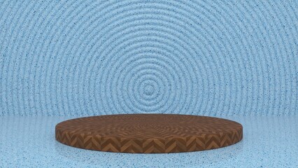 Wooden parquet podium and abstract geometry background. Round podium, pedestal, platform for cosmetic product presentation, showcase. Minimalist mock up scene, concept template. 3d render