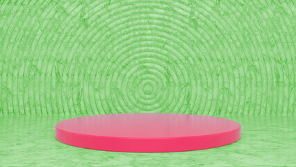 Pink Green glossy podium and abstract geometry background. Round podium, pedestal, platform for cosmetic product presentation, showcase. Minimalist mock up scene, concept template. 3d render