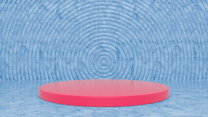 Pink Blue glossy podium and abstract geometry background. Round podium, pedestal, platform for cosmetic product presentation, showcase. Minimalist mock up scene, concept template. 3d render