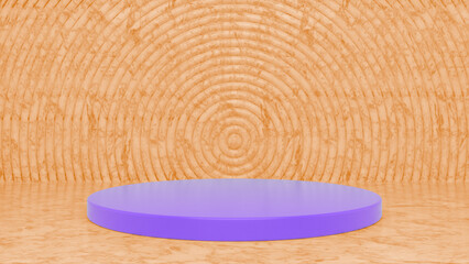 Orange Purple glossy podium and abstract geometry background. Round podium, pedestal, platform for cosmetic product presentation, showcase. Minimalist mock up scene, concept template. 3d render