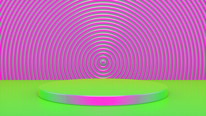 Colorful glossy podium and abstract geometry background. Round podium, pedestal, platform for cosmetic product presentation, showcase. Minimalist mock up scene, concept template. 3d render