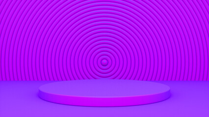 Purple glossy podium and abstract geometry background. Round podium, pedestal, platform for cosmetic product presentation, showcase. Minimalist mock up scene, concept template. 3d render