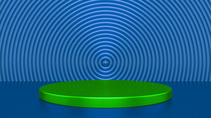 Chrome glossy Blue Green podium and abstract geometry background. Round podium, pedestal, platform for cosmetic product presentation, showcase. Minimalist mock up scene, concept template. 3d render