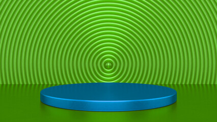 Chrome glossy Green Blue podium and abstract geometry background. Round podium, pedestal, platform for cosmetic product presentation, showcase. Minimalist mock up scene, concept template. 3d render