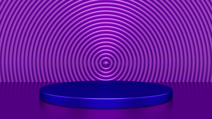 Chrome glossy Purple Blue podium and abstract geometry background. Round podium, pedestal, platform for cosmetic product presentation, showcase. Minimalist mock up scene, concept template. 3d render