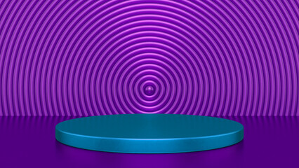 Chrome glossy Purple Blue podium and abstract geometry background. Round podium, pedestal, platform for cosmetic product presentation, showcase. Minimalist mock up scene, concept template. 3d render