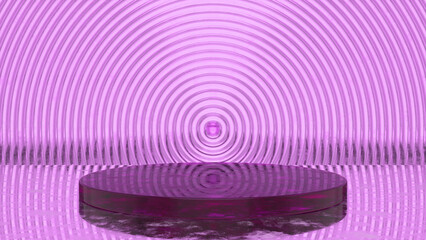 Purple glossy podium and abstract geometry background. Round podium, pedestal, platform for cosmetic product presentation, showcase. Minimalist mock up scene, concept template. 3d render