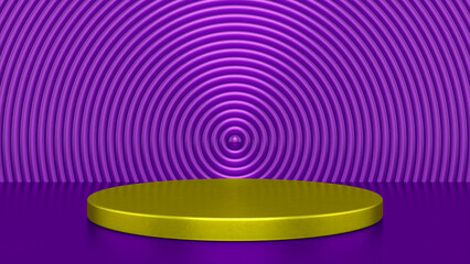 Chrome glossy Purple Yellow podium and abstract geometry background. Round podium, pedestal, platform for cosmetic product presentation, showcase. Minimalist mock up scene, concept template. 3d render