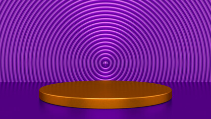 Obraz premium Chrome glossy Purple Orange podium and abstract geometry background. Round podium, pedestal, platform for cosmetic product presentation, showcase. Minimalist mock up scene, concept template. 3d render