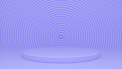 Purple glossy podium and abstract geometry background. Round podium, pedestal, platform for cosmetic product presentation, showcase. Minimalist mock up scene, concept template. 3d render