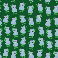 Childish seamless pattern with koala bear cubs on eucalyptus branches. © Dana