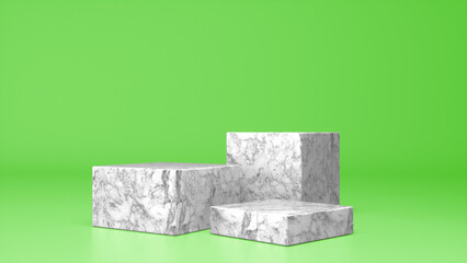 Three empty Marble stands and abstract Green geometry background. Podium, pedestal, platform for cosmetic product presentation, showcase. Minimalist mock up scene, concept template. 3d render