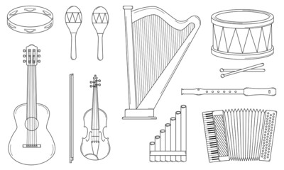 Hand drawn set of musical instruments. String, wind and percussion instruments. Doodle style. Sketch. Vector illustration. - obrazy, fototapety, plakaty