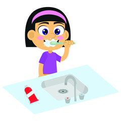 Cute girl brushing teeth in the sink