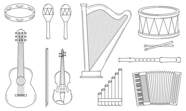 Hand drawn Music doodle. Musical instruments, notes, headphones in sketch  style. 10873719 Vector Art at Vecteezy
