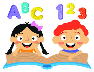 Cute kids standing on a book