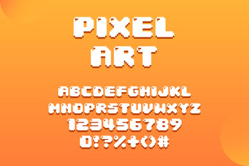 Pixel video game font. 8-bit symbols, letters, and numbers. Oldschool retro nostalgic typeface. Set of vector letters in retro style. pixel art font. nft font.