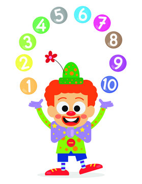 Cute clown performs with numbers balls in his hand