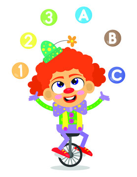 Cute clown performs with numbers balls in his hand