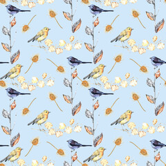 Watercolor seamless pattern with birds and wild flowers.