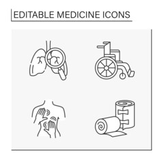 Medicine line icons set. Back massage, wheelchair, lungs examination and bandage. Healthcare concept. Isolated vector illustrations. Editable stroke