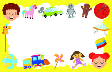 Vector greeting card with children's toy set. Children's toys collection. Funny kid game. It's a playset.