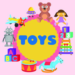 Vector greeting card with children's toy set. Children's toys 