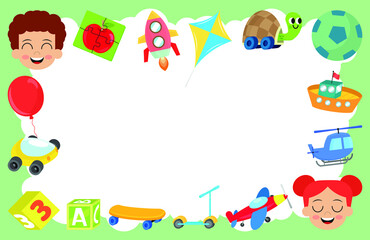 Vector greeting card with children's toy set. Children's toys collection. Funny kid game. It's a playset.