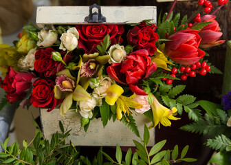 beautiful bright interior of a flower shop in Ukraine with bouquets collected by professional florists
