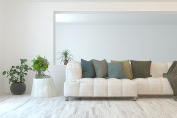 White living room with sofa. Scandinavian interior design. 3D illustration