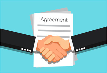 Handshake of business partners infant of Agreement document on the table. Vector flat style