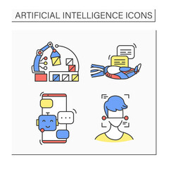  Artificial intelligence color icons set. Voice to text, ai surveillance, e-commerce, chat bot.Isolated vector illustrations