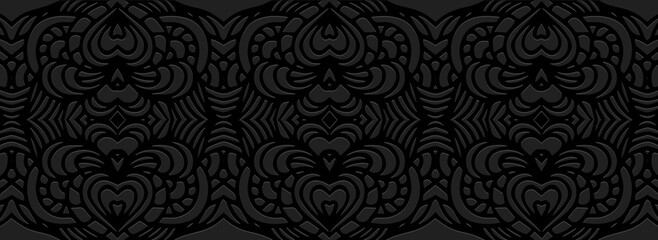 Colorful banner, cover design. Exotic geometric ethnic 3d pattern on black background, embossed texture. Actual decor for business background, magazine layout, brochure, booklet, flyer, website.