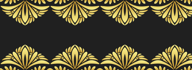 Colorful banner, cover design. Golden geometric ethnic 3d pattern on a black background, embossed texture. Actual decor for business background, magazine layout, brochure, booklet, flyer, website. 