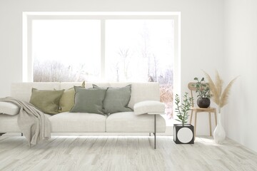 White living room with sofa and winter landscape in window. Scandinavian interior design. 3D illustration