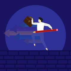 Businessman running to the goal with pencil