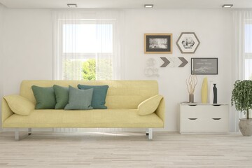 Obraz premium White living room with sofa. Scandinavian interior design. 3D illustration